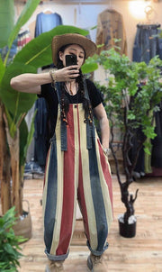 Vintage Stripe Suspender Pants Women's Loose Cotton Denim Jumpsuit