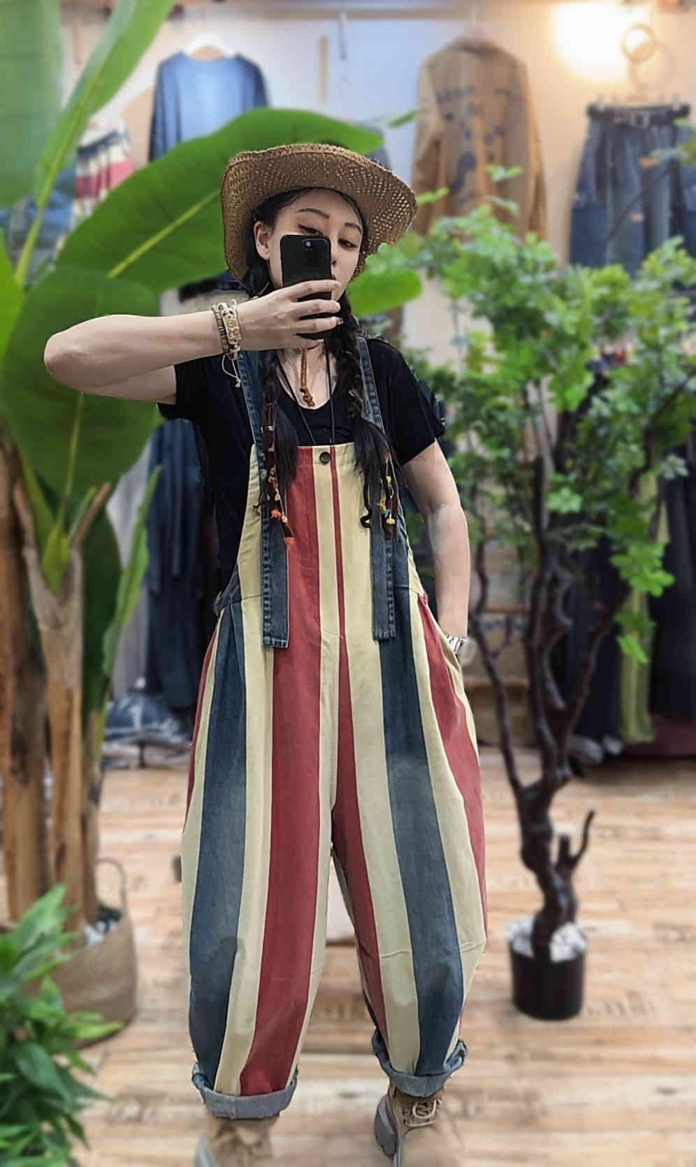 Vintage Stripe Suspender Pants Women's Loose Cotton Denim Jumpsuit