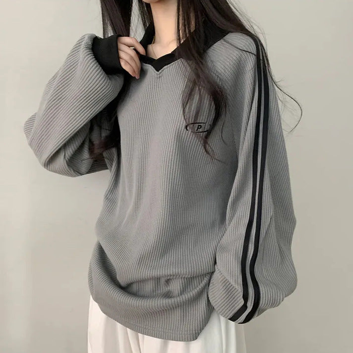 Vintage Waffle Knit Polo Sweater for Women