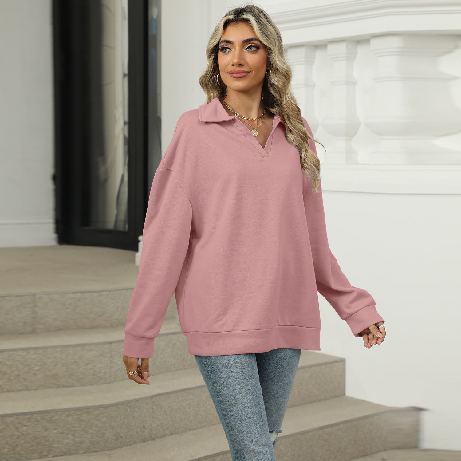 Casual V-Neck Lapel Long-Sleeve Pullover Sweatshirt