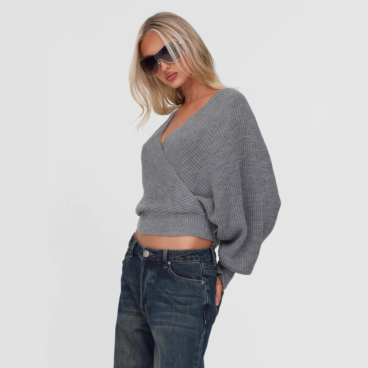 Cropped V-neck Long-sleeve Pullover Knit Sweater