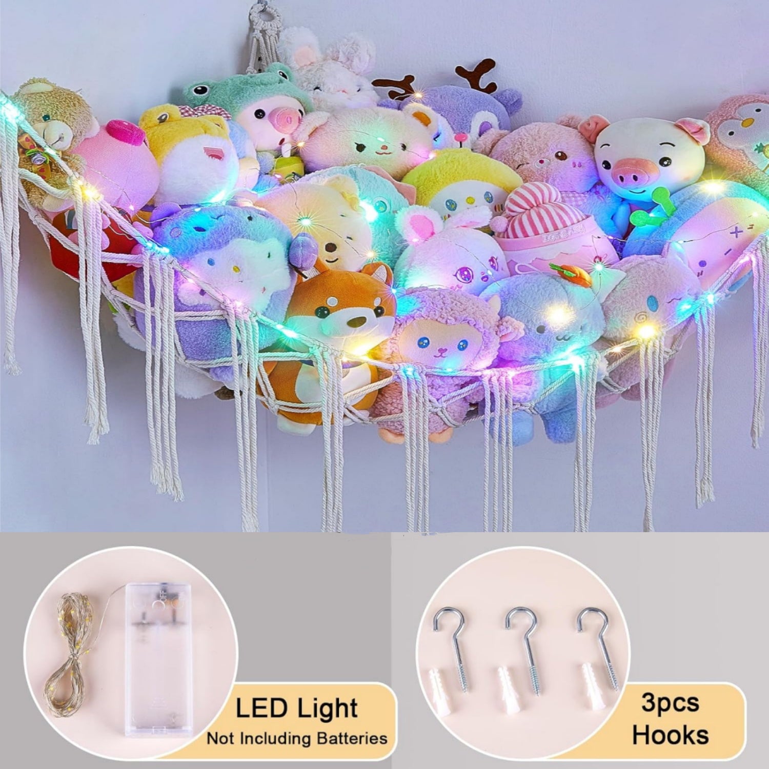 Plush Toy Storage Hammock with Built‑In LED Lighting – Decorative Indoor Organizer