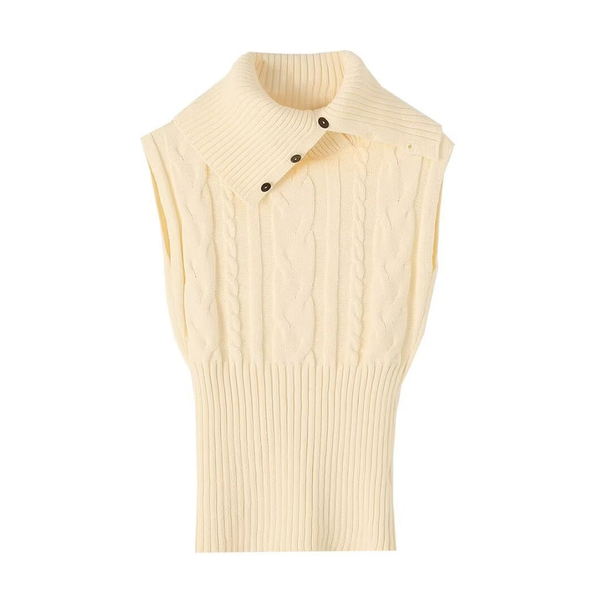 Turtleneck Sleeveless Knit Top with a Turn-down Collar Slim-fit Sweater