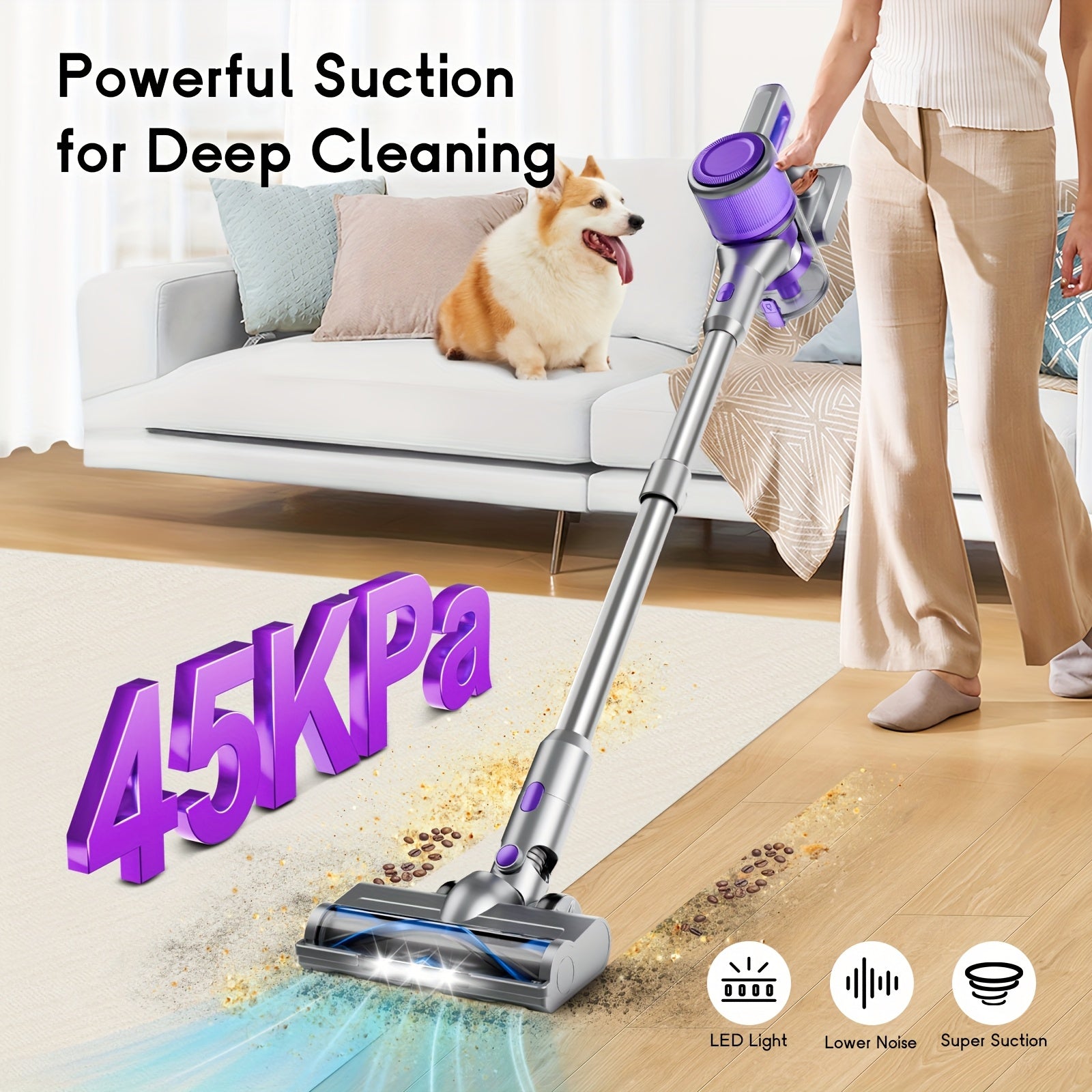 35-46 KPA Lightweight Vacuum Cleaner with Upgraded Green LED, Anti-tangle Brush, Removable Battery, Multiple Suction Levels, Up to 45 Minutes Of Battery Life, Women's Car Accessories, Vacuum...