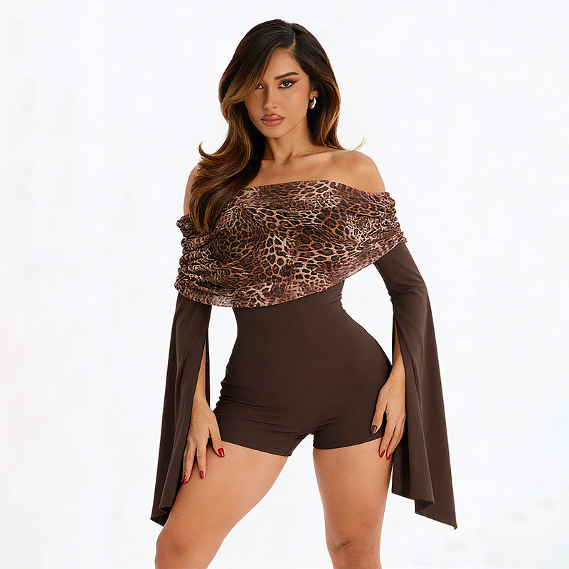 Leopard-print Pleated Off-shoulder Neckline Panelled Flared-sleeve Cropped Jumpsuit