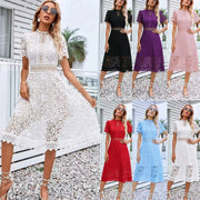 Elegant Slim Fit Lace Dress French Hollow Crochet Midi A-line Dress