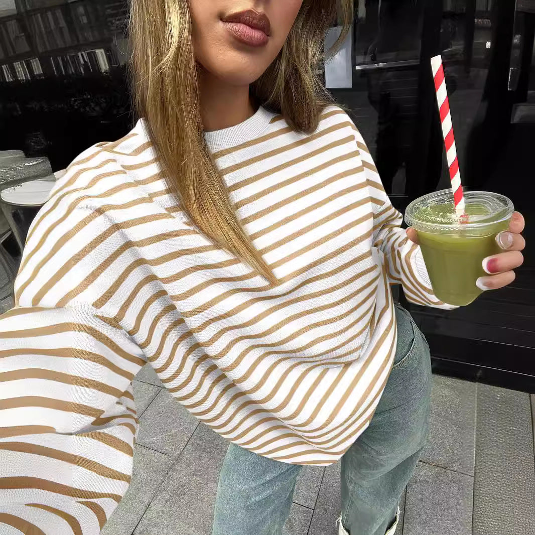 Women's Colorful Striped Loose Round Neck Sweatshirt