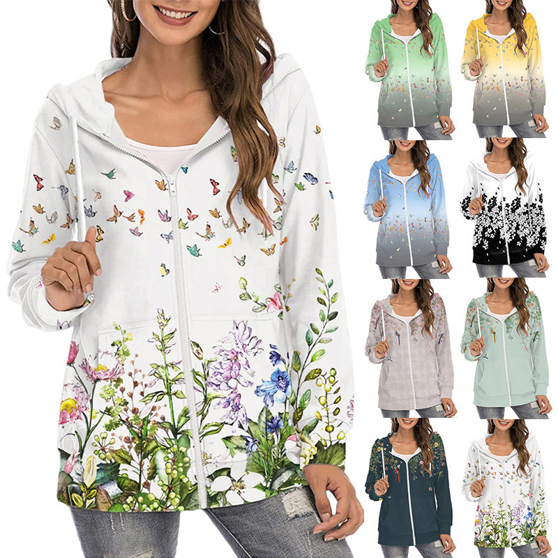 Women's Gradient Floral Print Zipper Commuter Hoodie