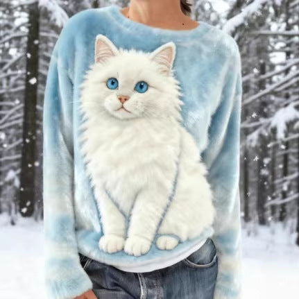 New Flannel Printed Christmas Sweet Crew-neck Top with Snowman Design