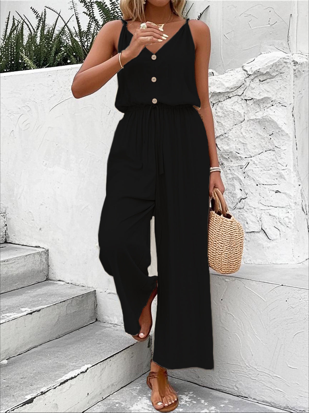 Solid-color Buttoned Suspender Wide-leg Pants Elastic-waist Jumpsuit