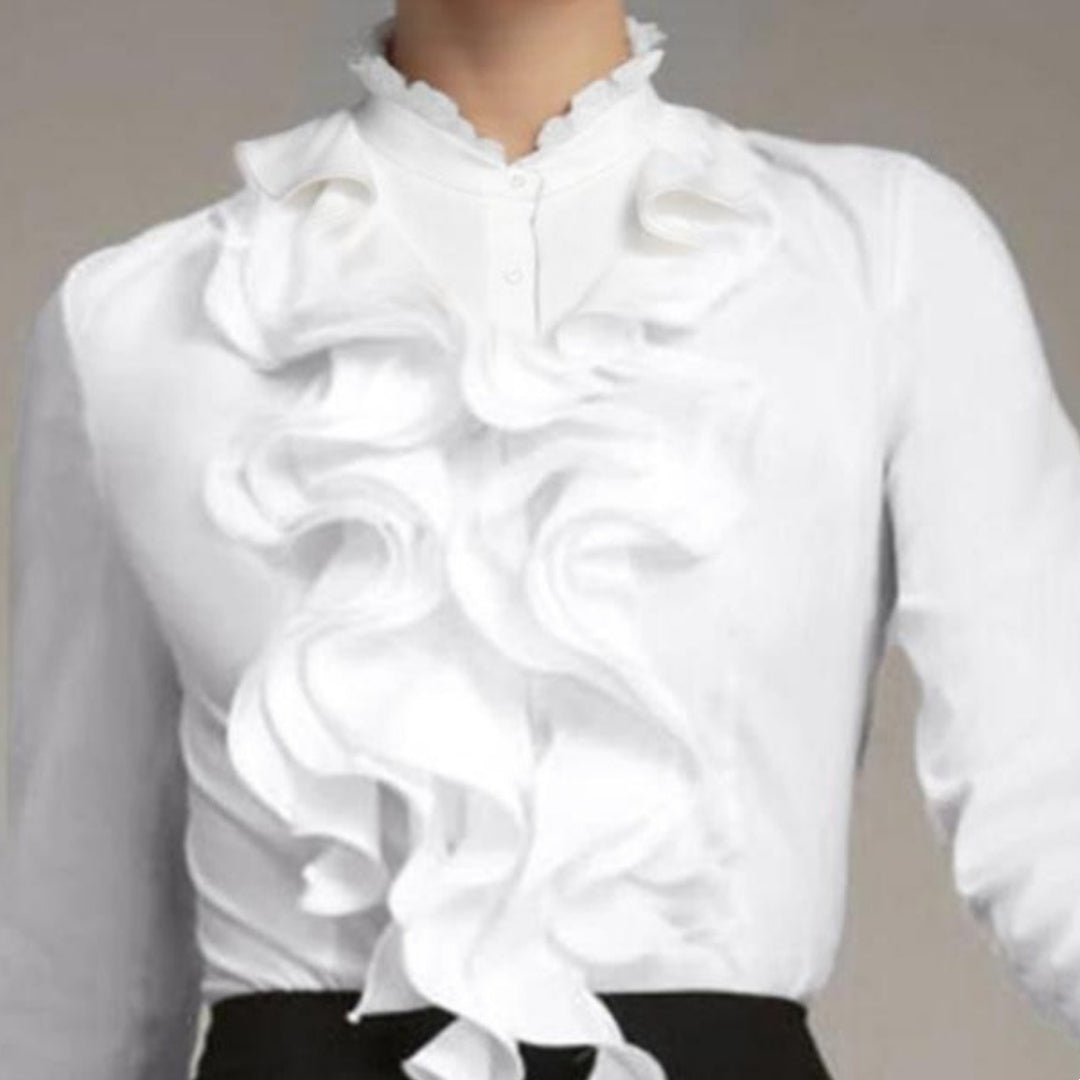 Women's Solid-Colored Ruffle-Trimmed Button-Front Shirt
