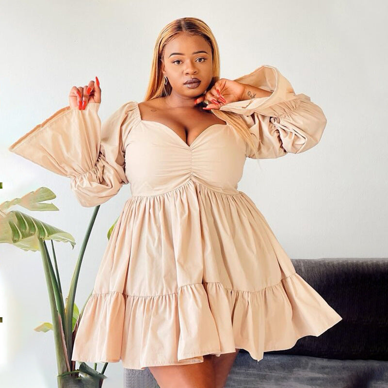 Plus-size Womens Casual Lantern-sleeve Long-sleeve Dress