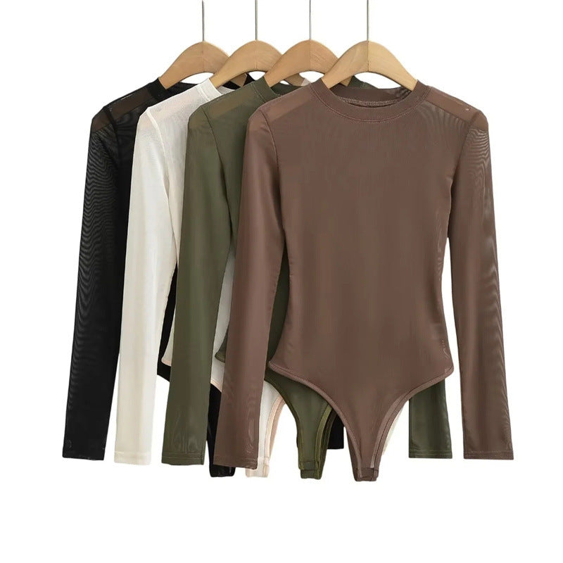 Sheer Mesh Long Sleeve Round Neck Jumpsuit
