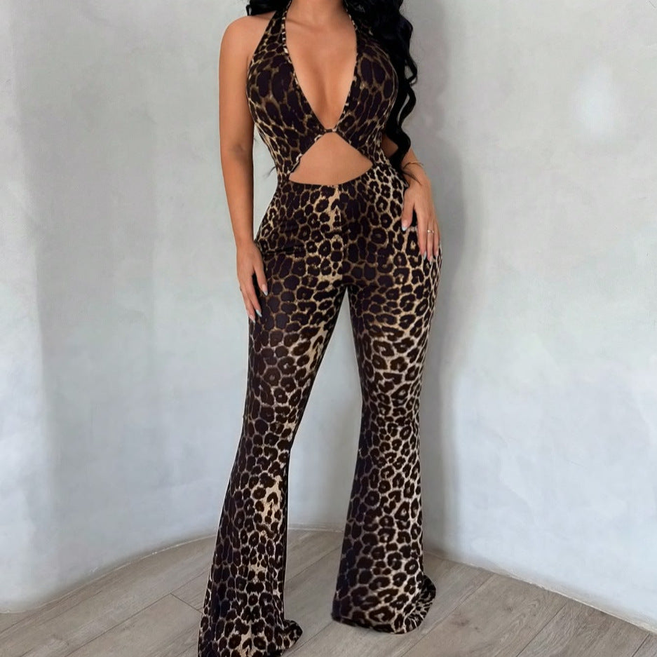 Leopard Print High-Waisted Flared Jumpsuit