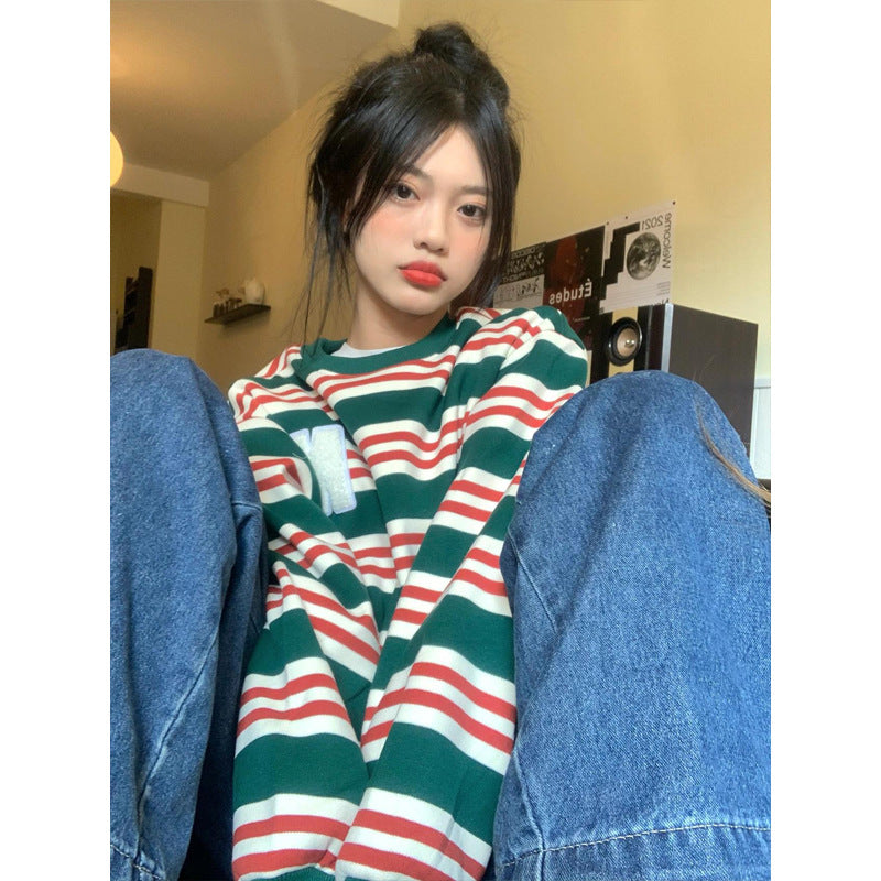 Retro Letter Embroidered Striped Casual Pullover Sweater