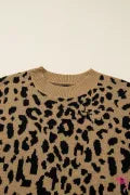 Light French Beige Rib Trim Round Neck Leopard Print Off-shoulder Sweater