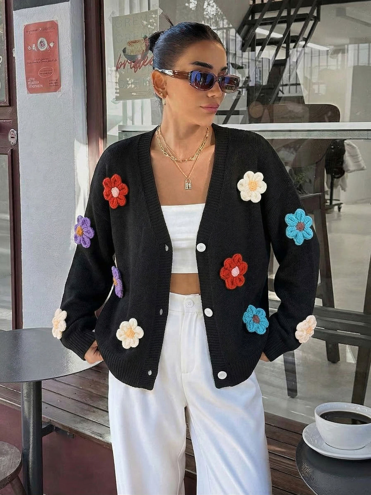 Ladies Colorful Flower Knit Cardigan Loose Long Sleeve Casual Layering Outerwear