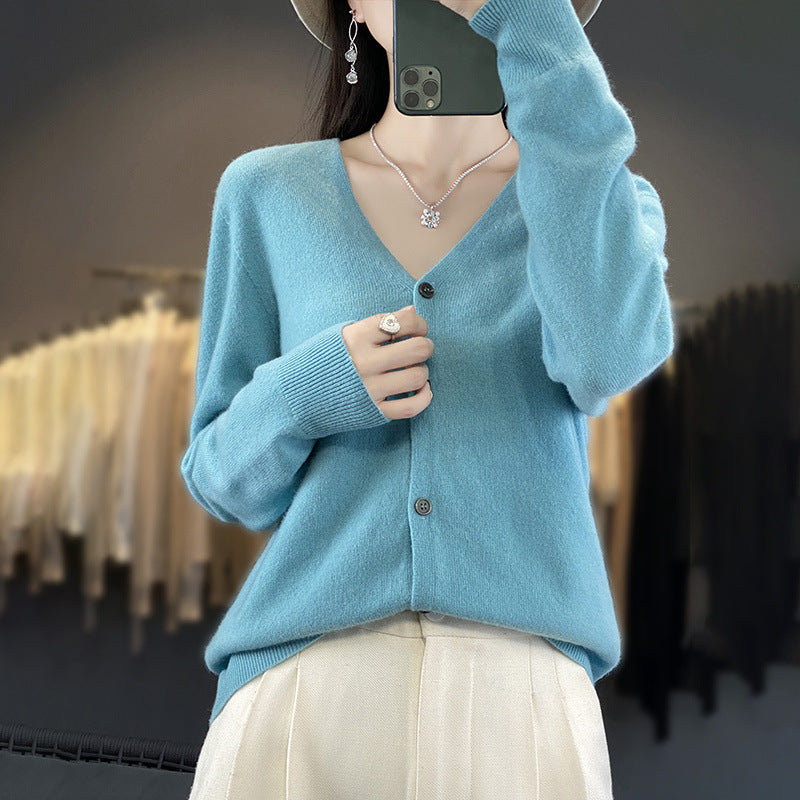 Womens Wool Cardigan Long-sleeve V-neck Sweater Coat