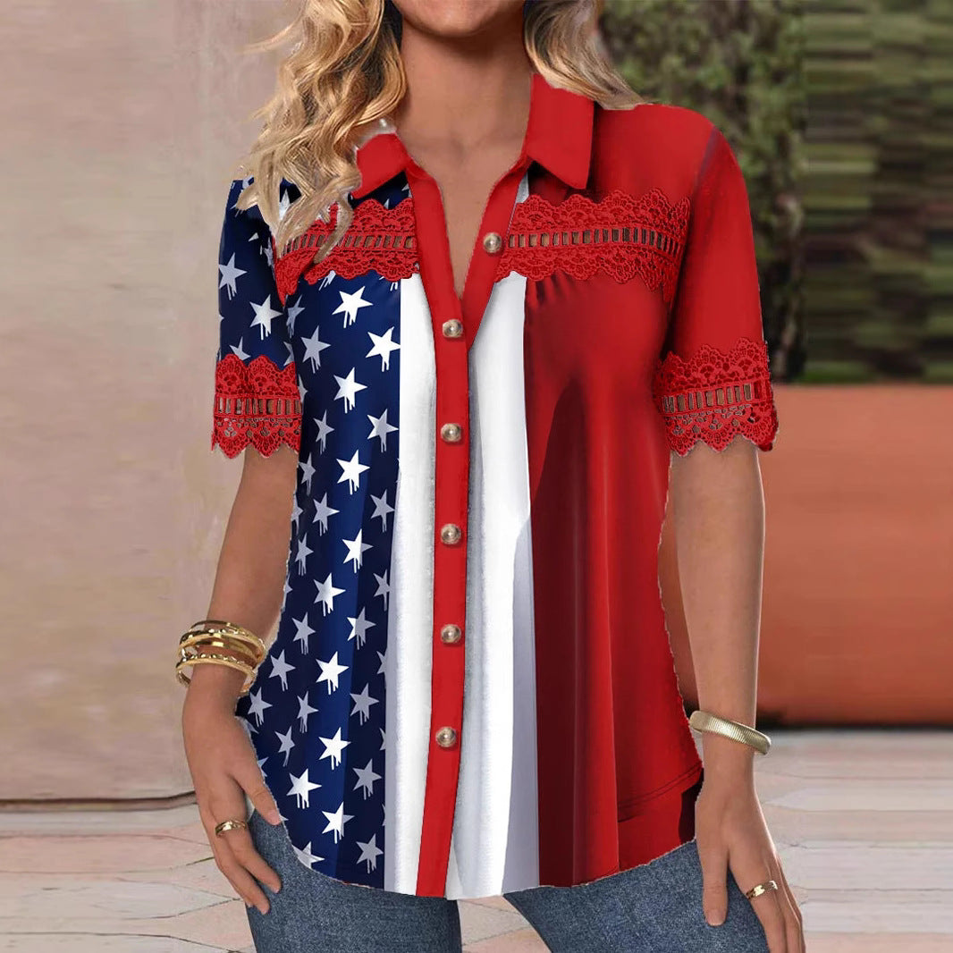 Casual Short-Sleeve Regular-Size Cardigan Digital-Print Womens Shirt