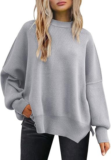 Thick Needle Side Slit Sweater Round Neck Loose Solid Color Batwing Long Sleeve Sweater for Women