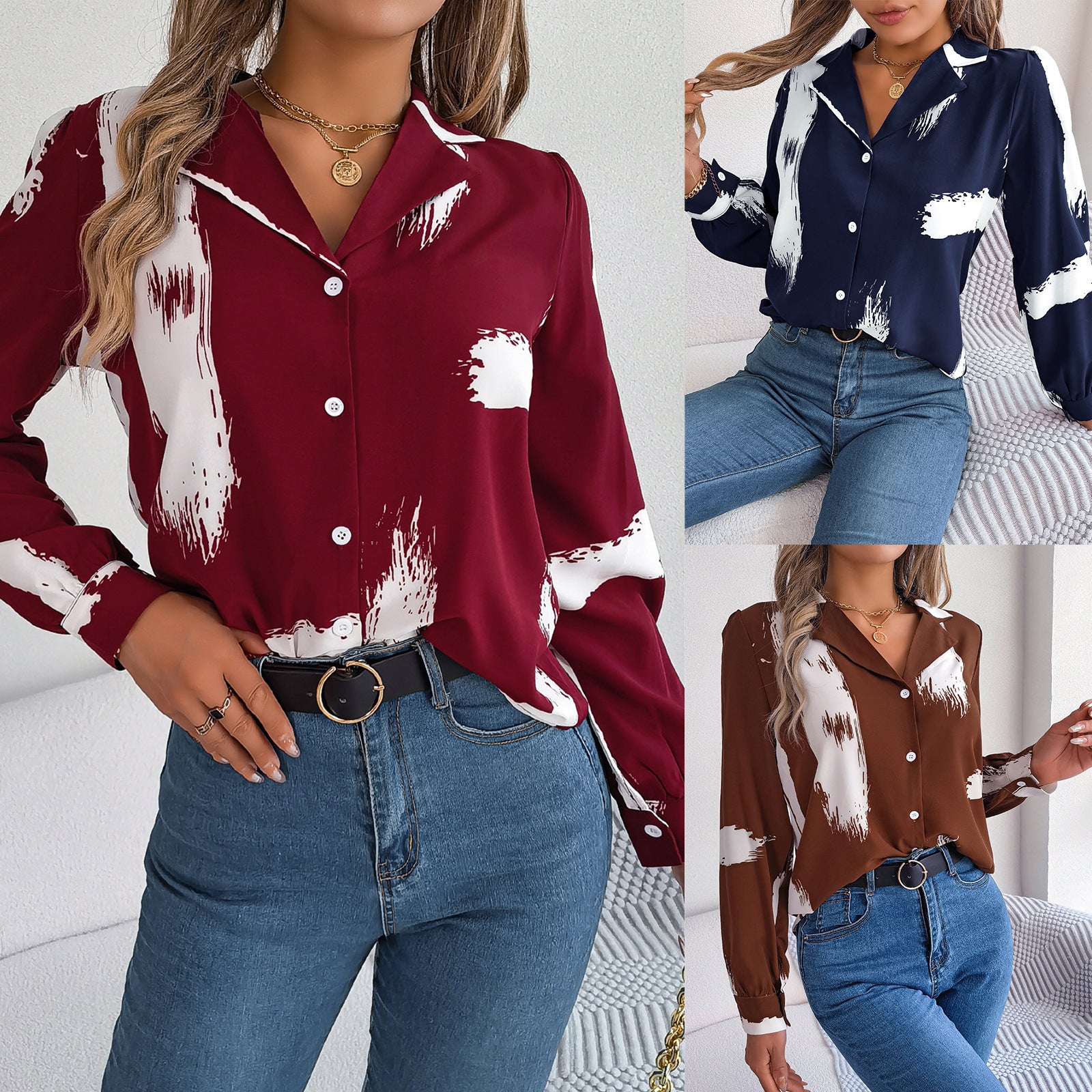 European And American-style Chic Contrast-striped Blazer-collar Long-sleeve Shirt
