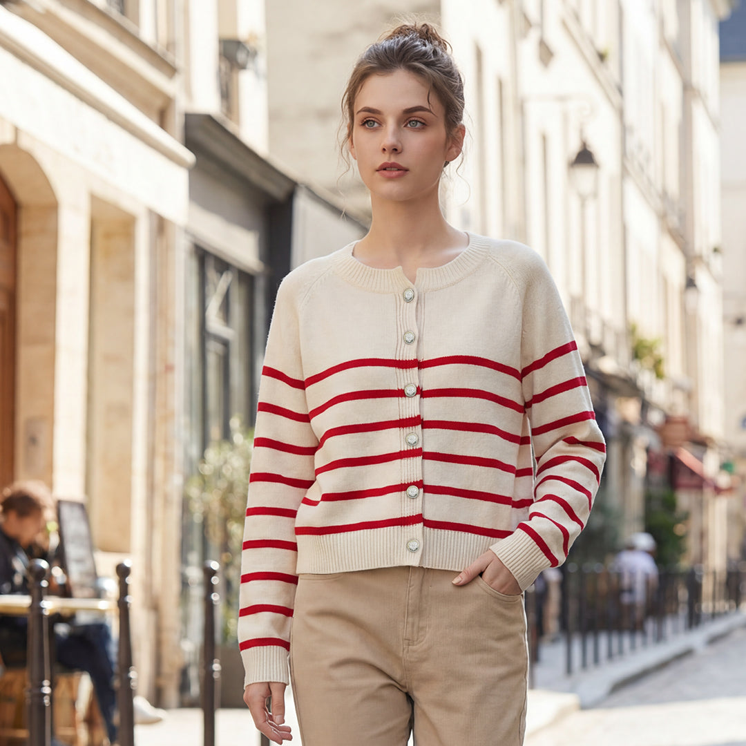 Women's Striped Knit Cardigan Red White Crewneck Button Up Sweater Coat Casual Long Sleeve Knitwear