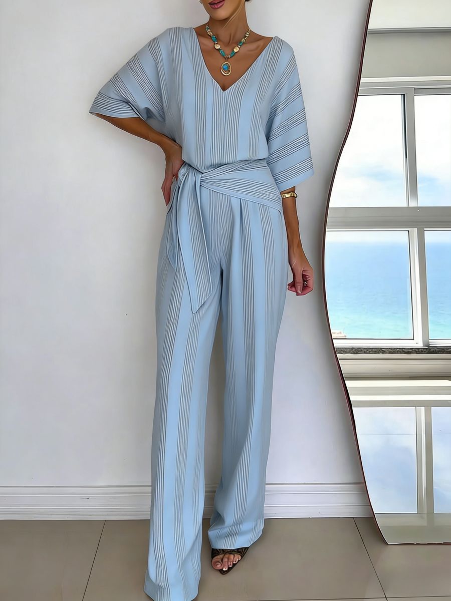 Womens V-neck Casual Mid-length Sleeve Belted Jumpsuit