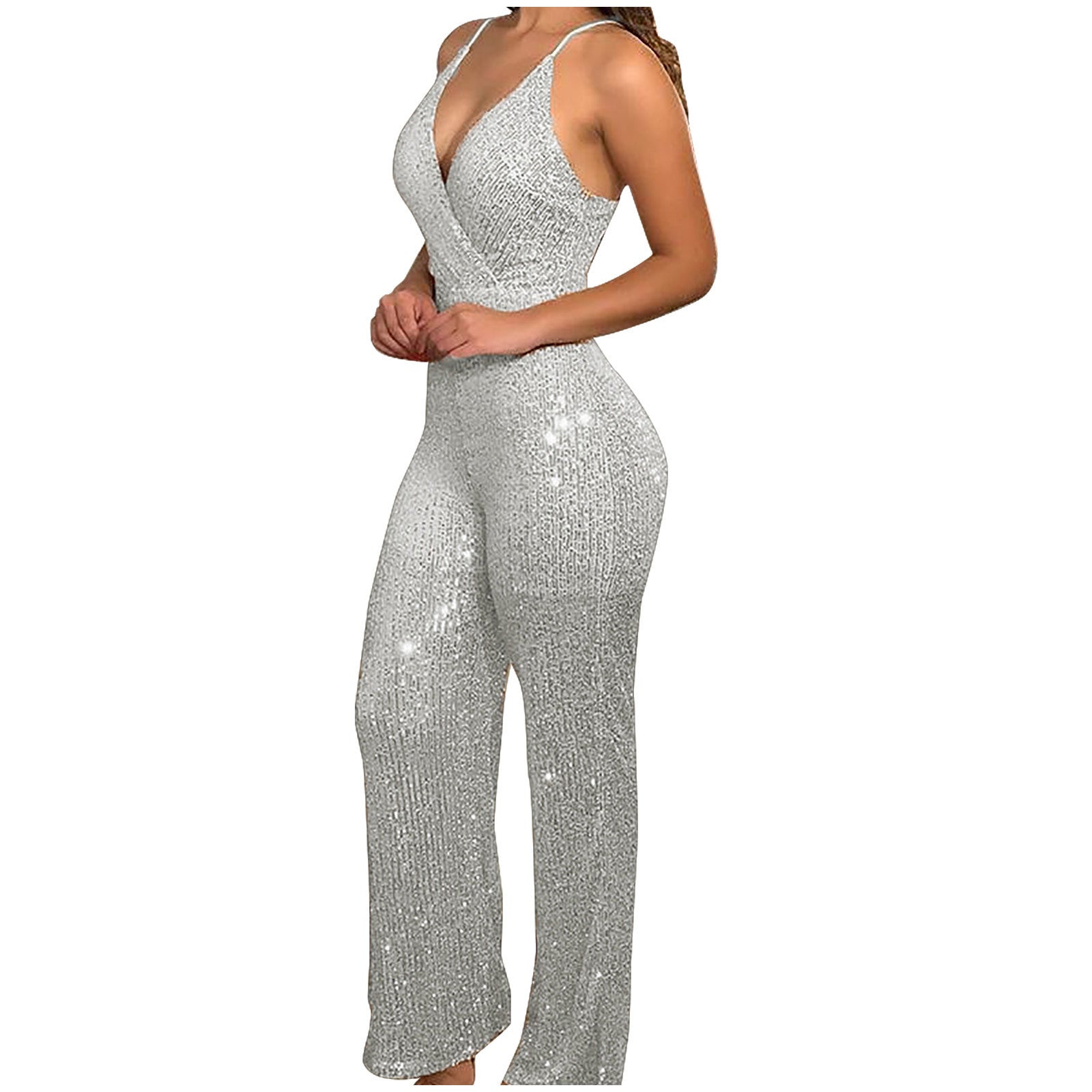 Womens Tight-fitting Sequin V-neck Bodycon Jumpsuit