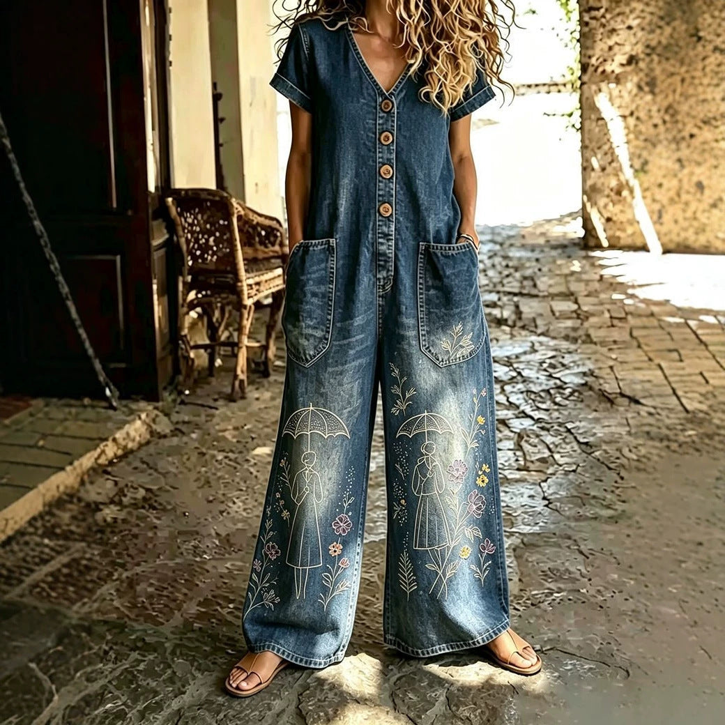 Casual Denim Wide-Leg Short Sleeve Jumpsuit with Pockets