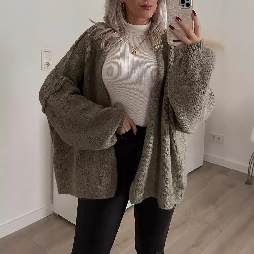 Casual Loose Solid Color Mid-length Knitted Sweater for Women