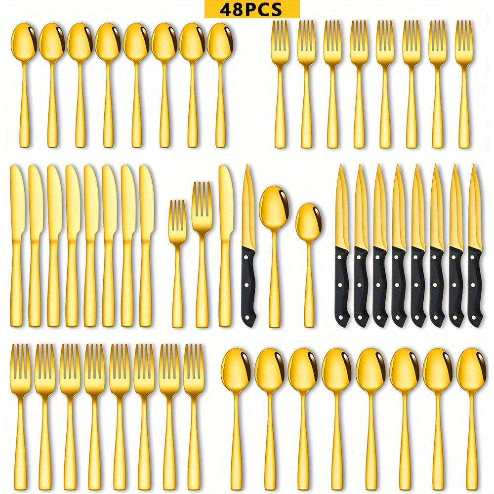 24/48PCS Black Stainless Steel Flatware Set, Mirror Polish Families Hotels Knives Forks Spoons Cutlery Set With Gift Box For 8 Persons, Durable, Mirror Polished, Dishwasher Safe, Perfect For...