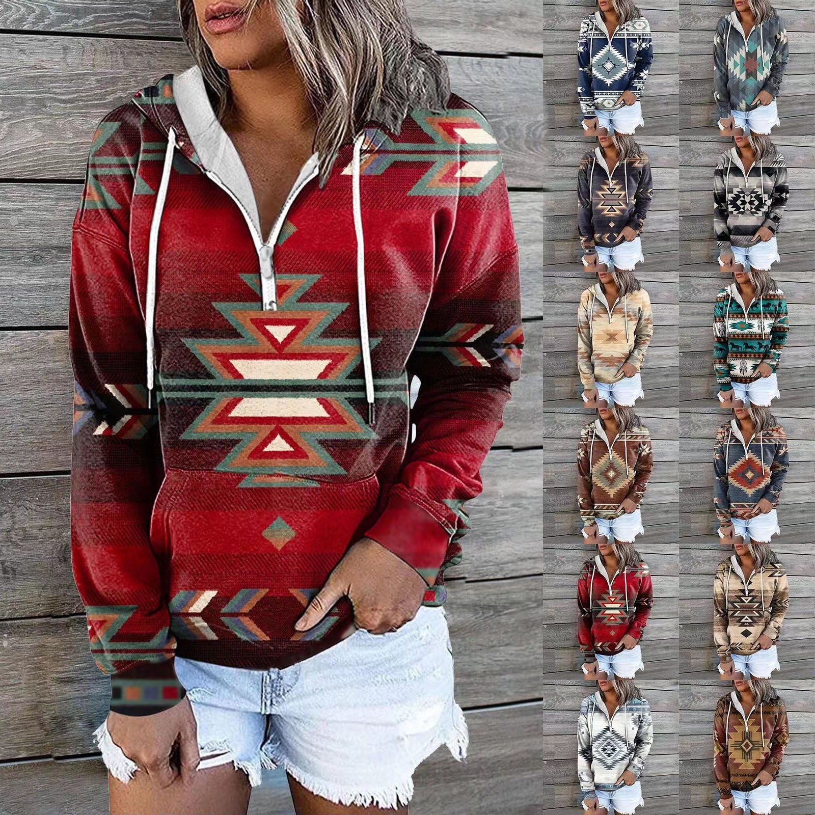 Ethnic Tribal Geometric Print Zip Hoodie
