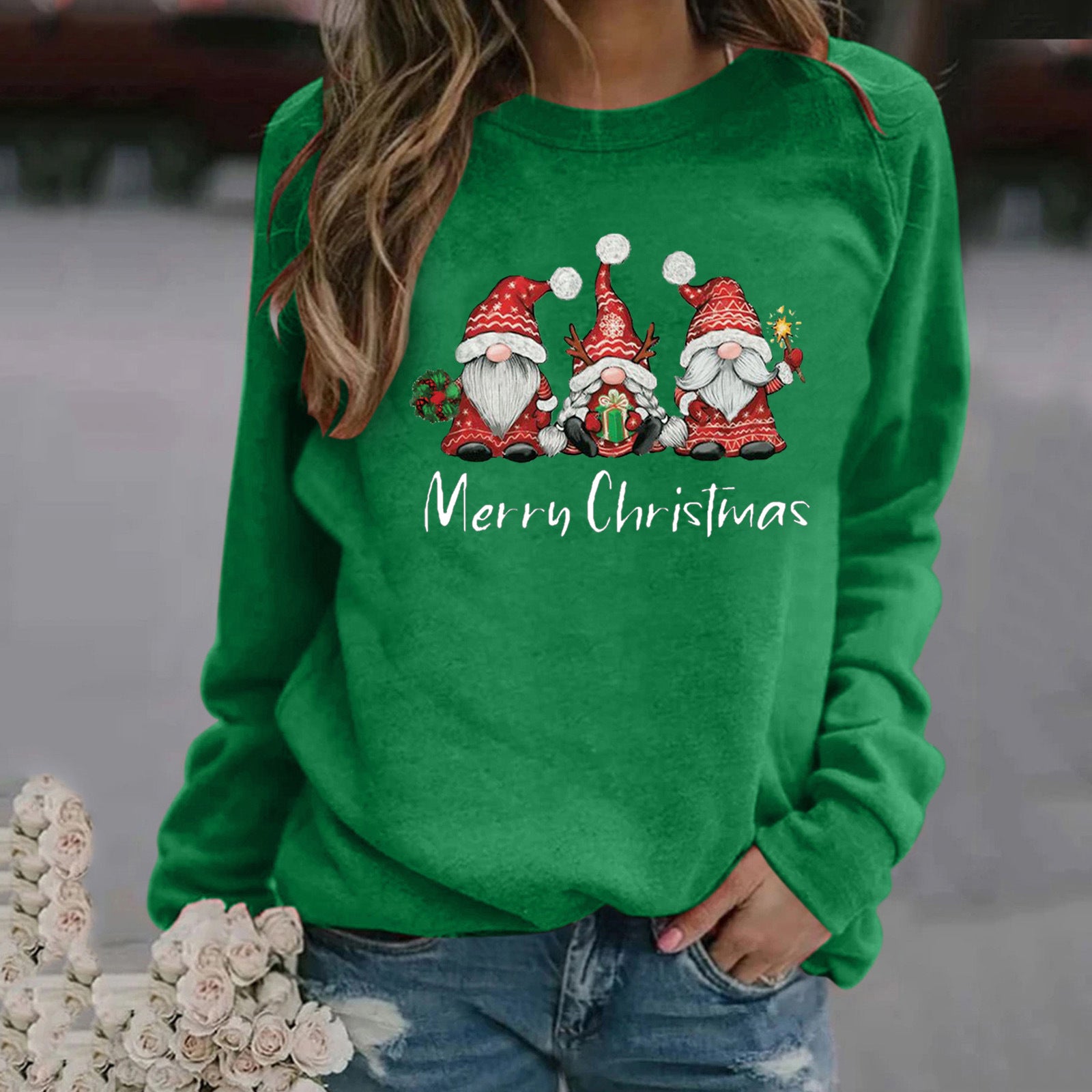 Christmas Pattern Printed Long Sleeve Round Neck Sweater Women