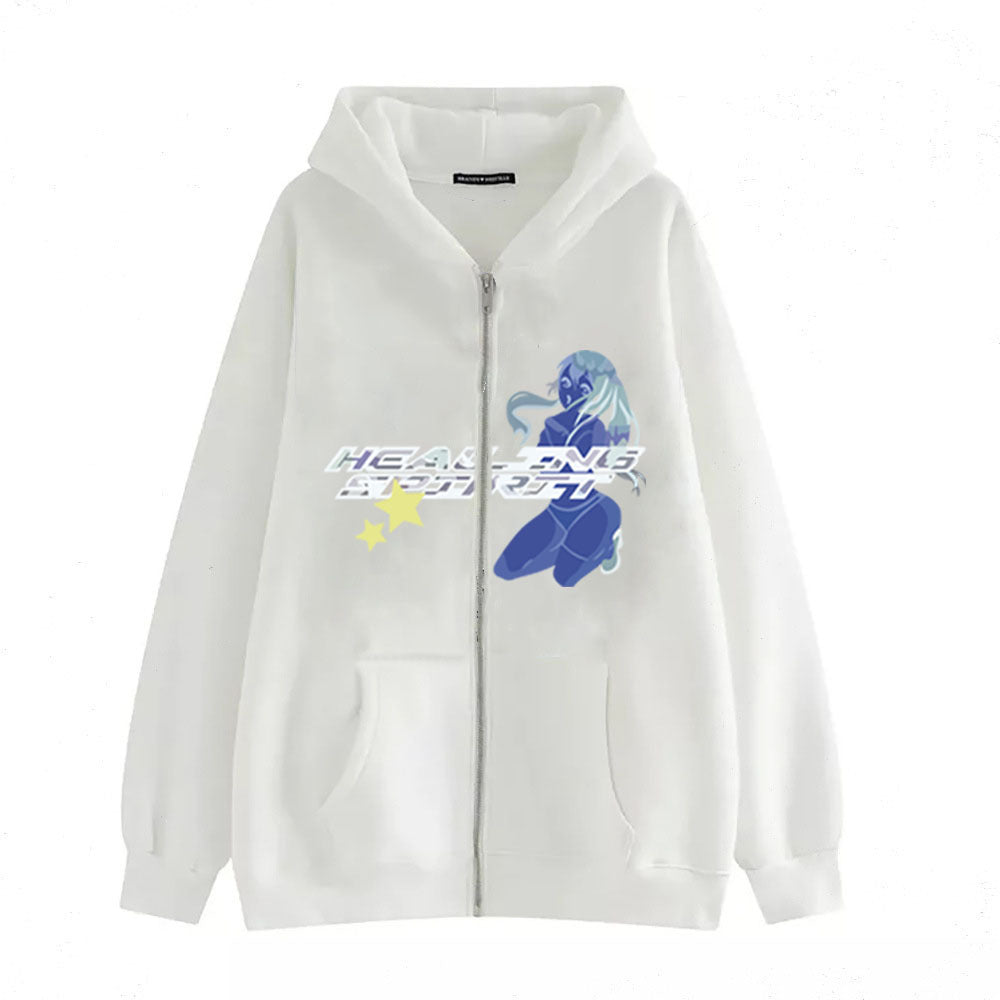 Butterfly Print Zip-Up Casual Hoodie