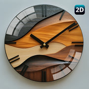 2D Flat1pcs, 12inch Artistic Round Glass Wall Clock, Imitation Wood Grain Nordic Style Ripple Patchwork Design, 3mm Thickened Tempered Glass, Silent Non-Ticking High-Quality Movement, Living Room Bedroom Home Decor Artwork, Holiday