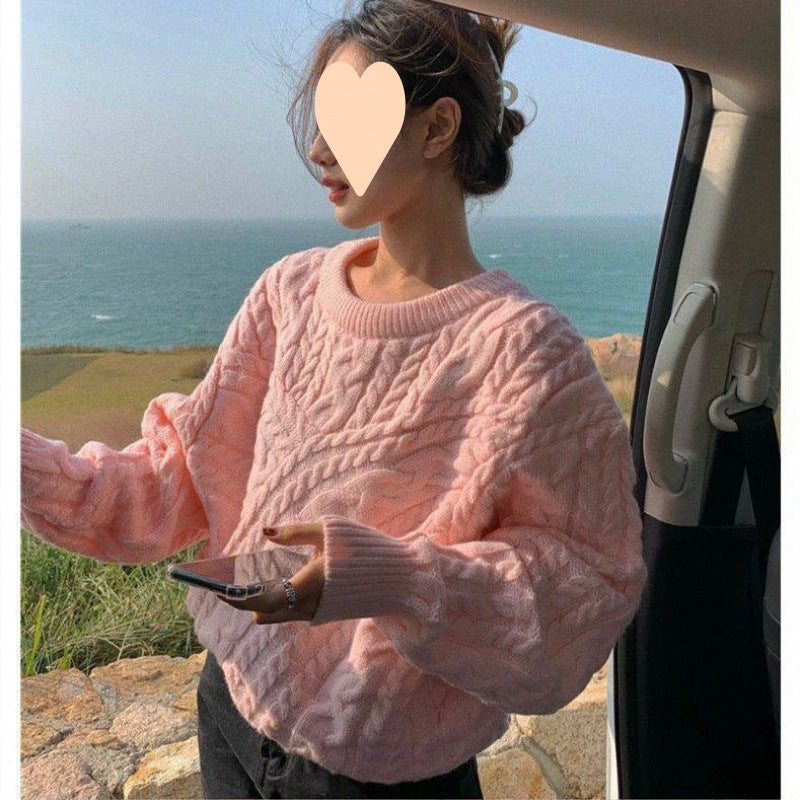 Autumn and Winter Lazy Style Loose Solid Color Twist Round Neck Sweater