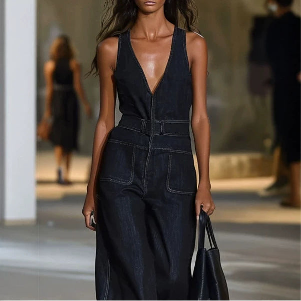 Deep-V Sleeveless Denim Wide-Leg Jumpsuit