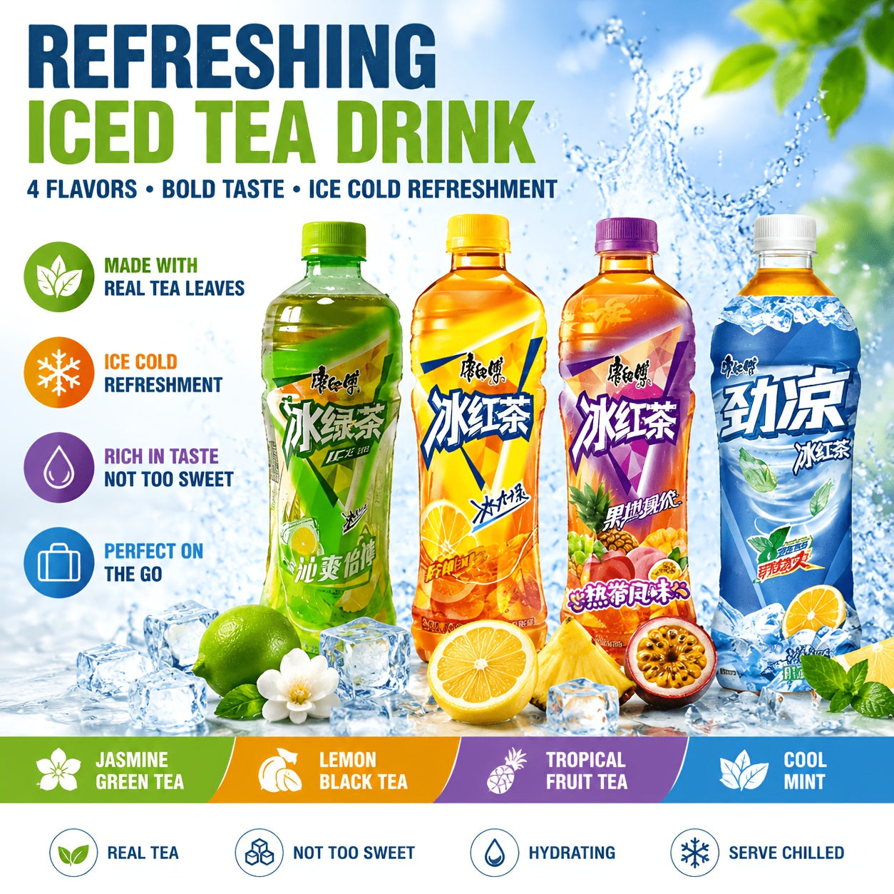 Asian Iced Tea Variety Pack with Green Tea, Lemon Black Tea, and Tropical Fruit Flavors, 6 Bottles