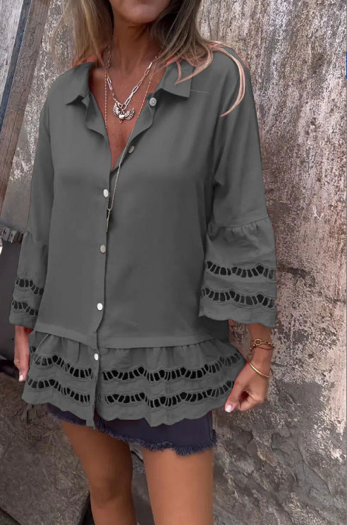 Lapel Long Sleeve Lace Ruffles Lotus Leaf Loose Shirt