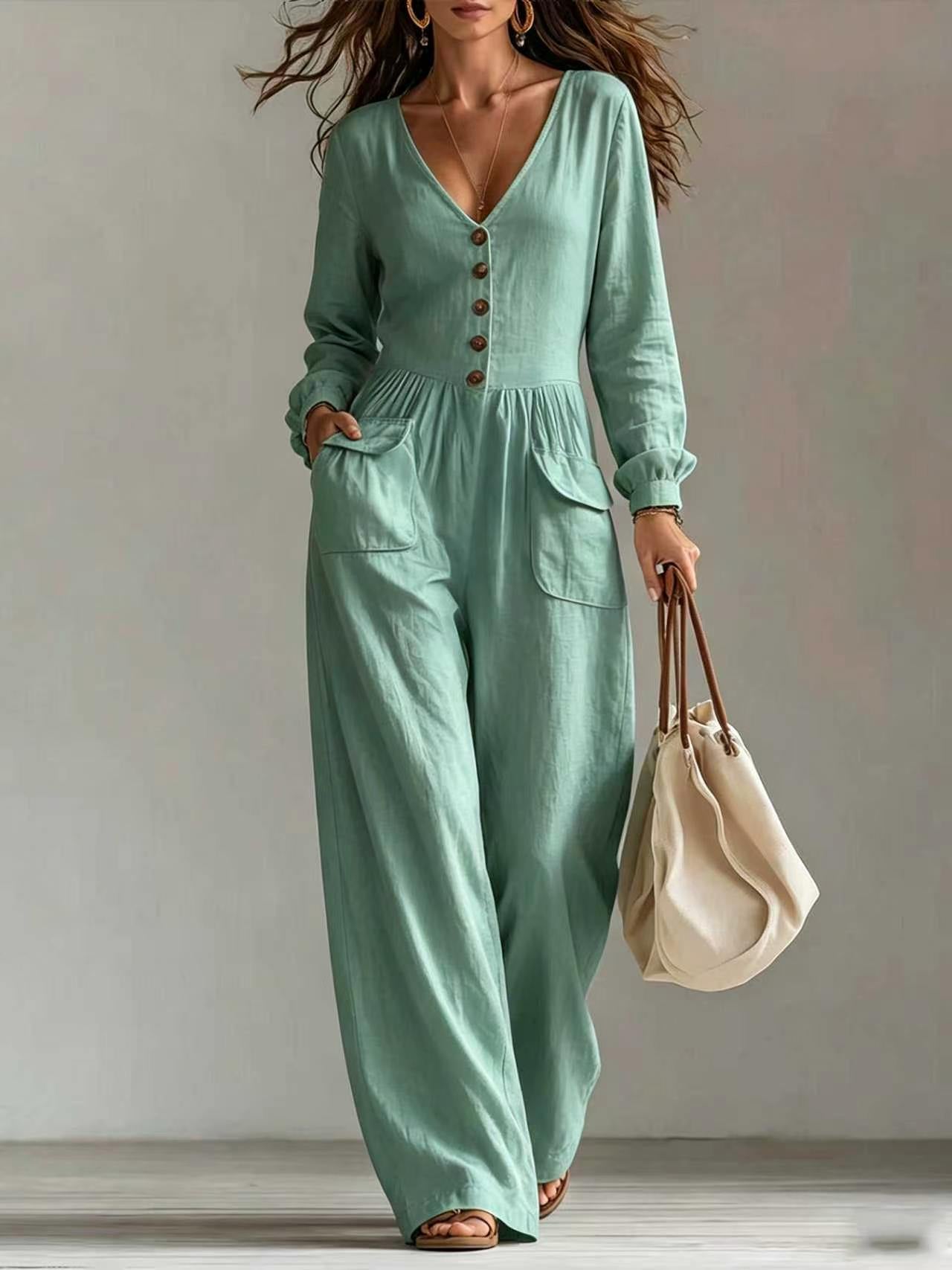 New Autumnwinter Casual Chic Womens V-neck Long-sleeve Jumpsuit With Pockets