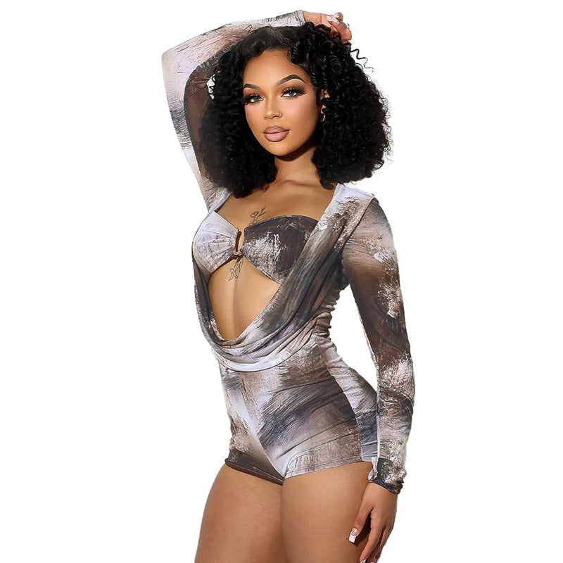 Chic Floral Fake Two-Piece Long Sleeve Swing Jumpsuit