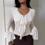 Womens Solid-Color French Style Flared-Sleeve Ruffle-Trim Shirt