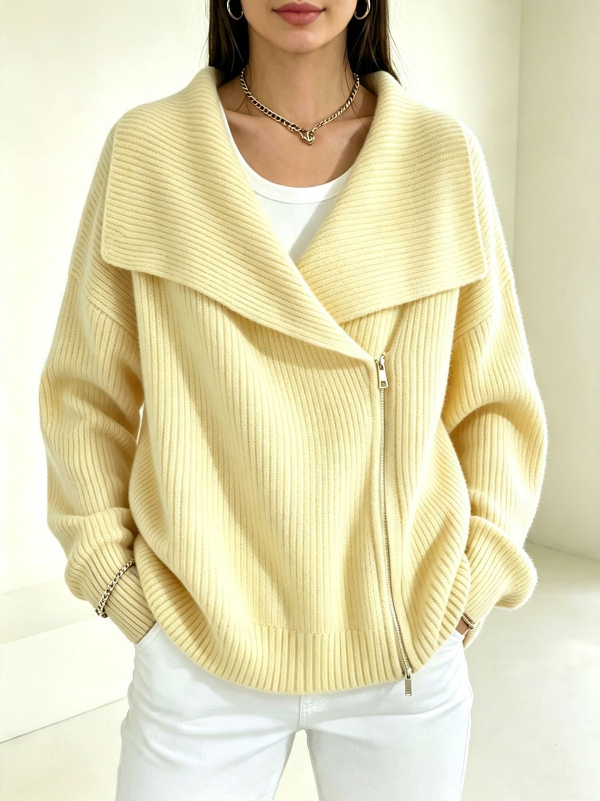 Notch-collar Double-zip Knit Cardigan Womens Top