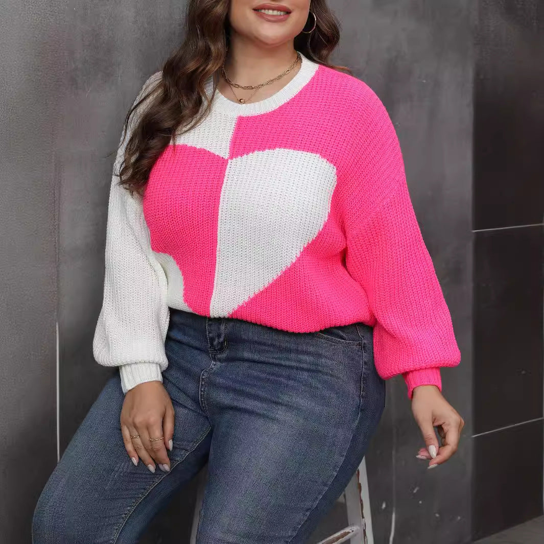 Pullover Knitted Sweater Heart Patchwork Contrasting Color Sweater Women
