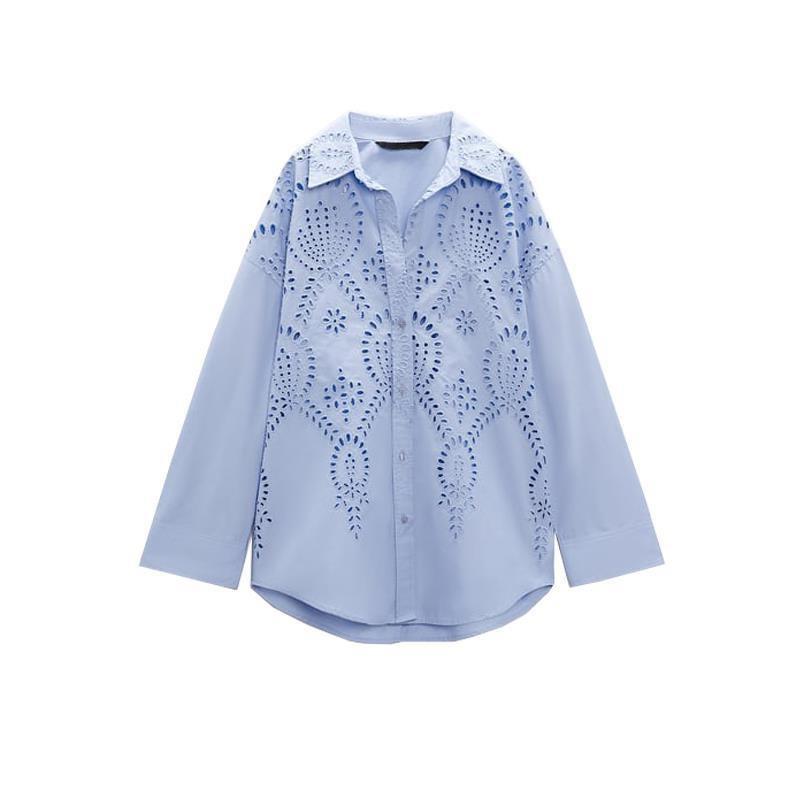 Long Sleeve Lapel Versatile Casual Top Hollow Embroidery Loose Shirt