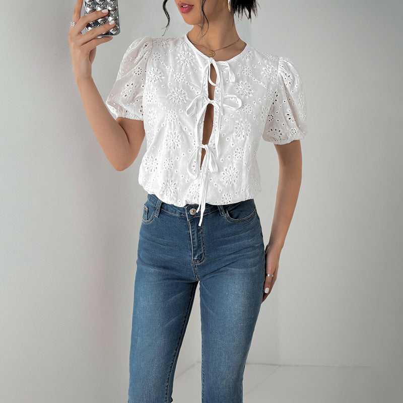 White Puff Sleeve Lace-Up Casual Vacation Jumpsuit