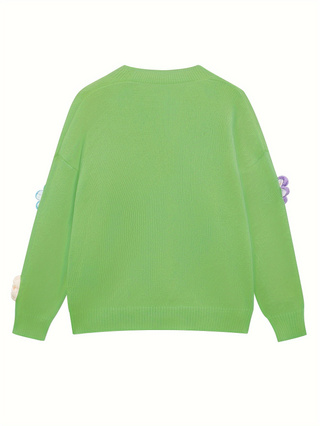 Ladies Colorful Flower Knit Cardigan Loose Long Sleeve Casual Layering Outerwear