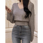 Solid Color and V-neck Side Buckle Waist Slimming Versatile Spring Top