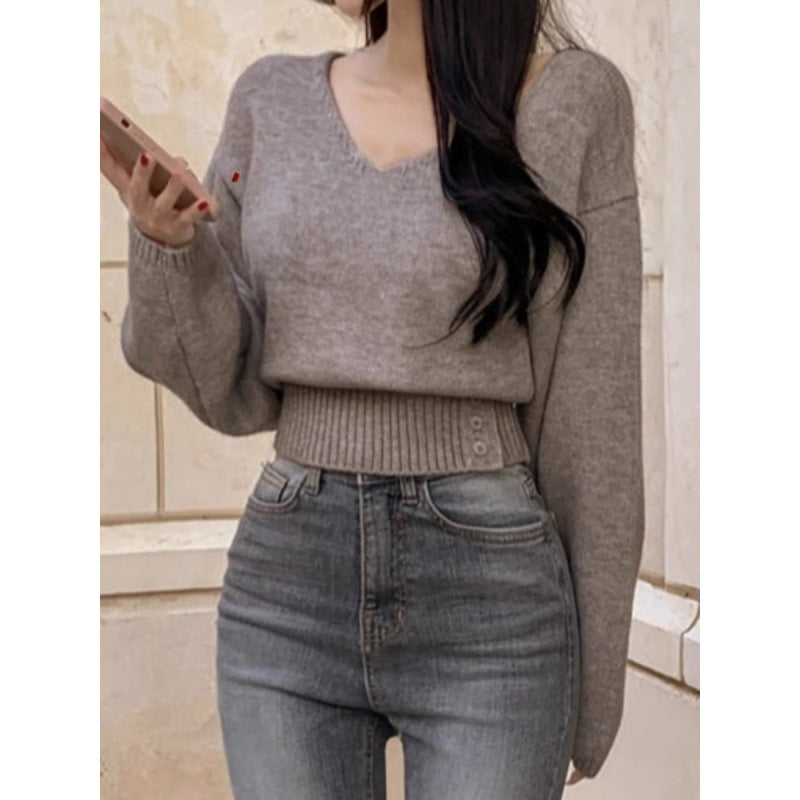 Solid Color and V-neck Side Buckle Waist Slimming Versatile Spring Top