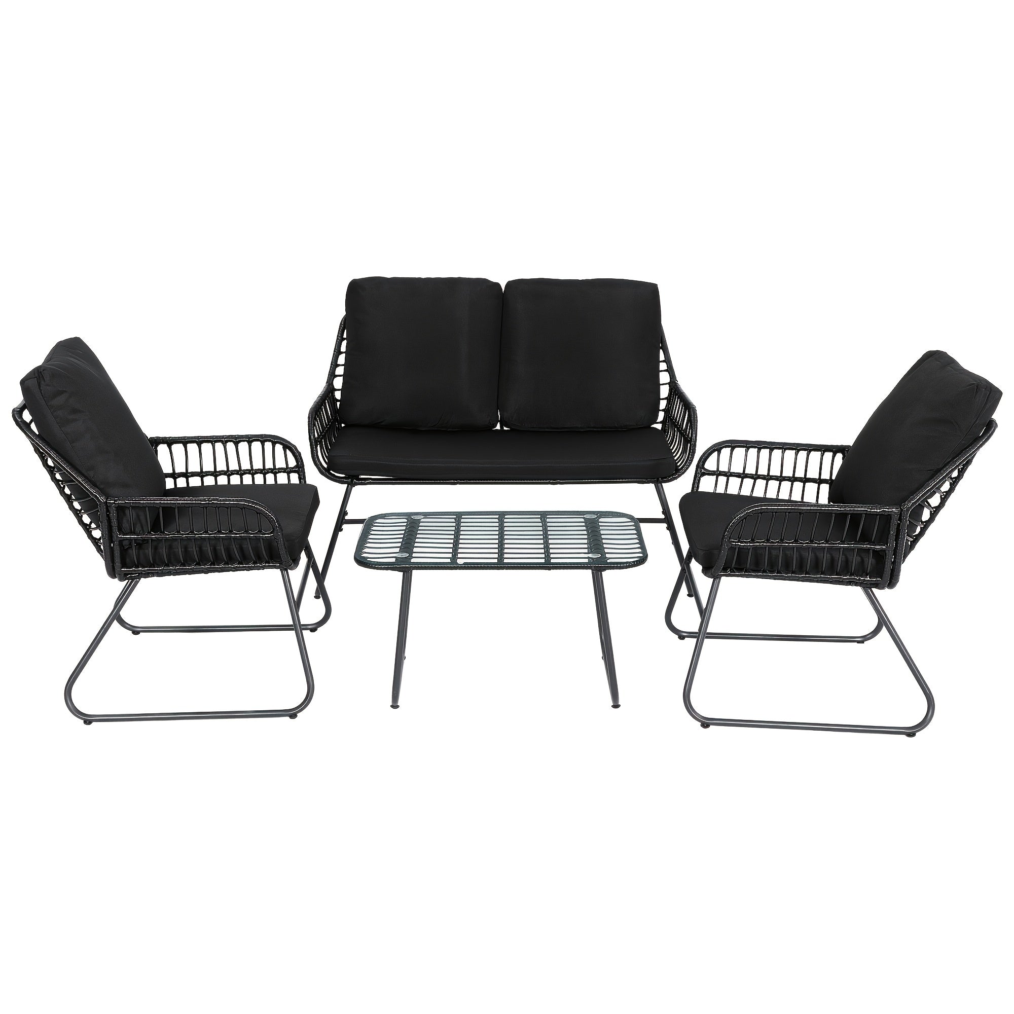 [Outdoor Sofa Set] 4pcs Outdoor Courtyard Sofa Set, All-Weather Rattan Sofa Set With Glass Coffee Table And Water-Resistant Cushions. For Poolside, Garden, Terrace And Backyard. Black Outdoor Patio Sofa Set